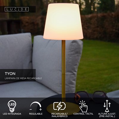 Lucide TYON - Lámpara de mesa Recargable Dentro/Fuera - Batería/acumulador - Ø 15 cm - LED Regul. - 1x2W 2700K - IP65 - Oro mate / Latón